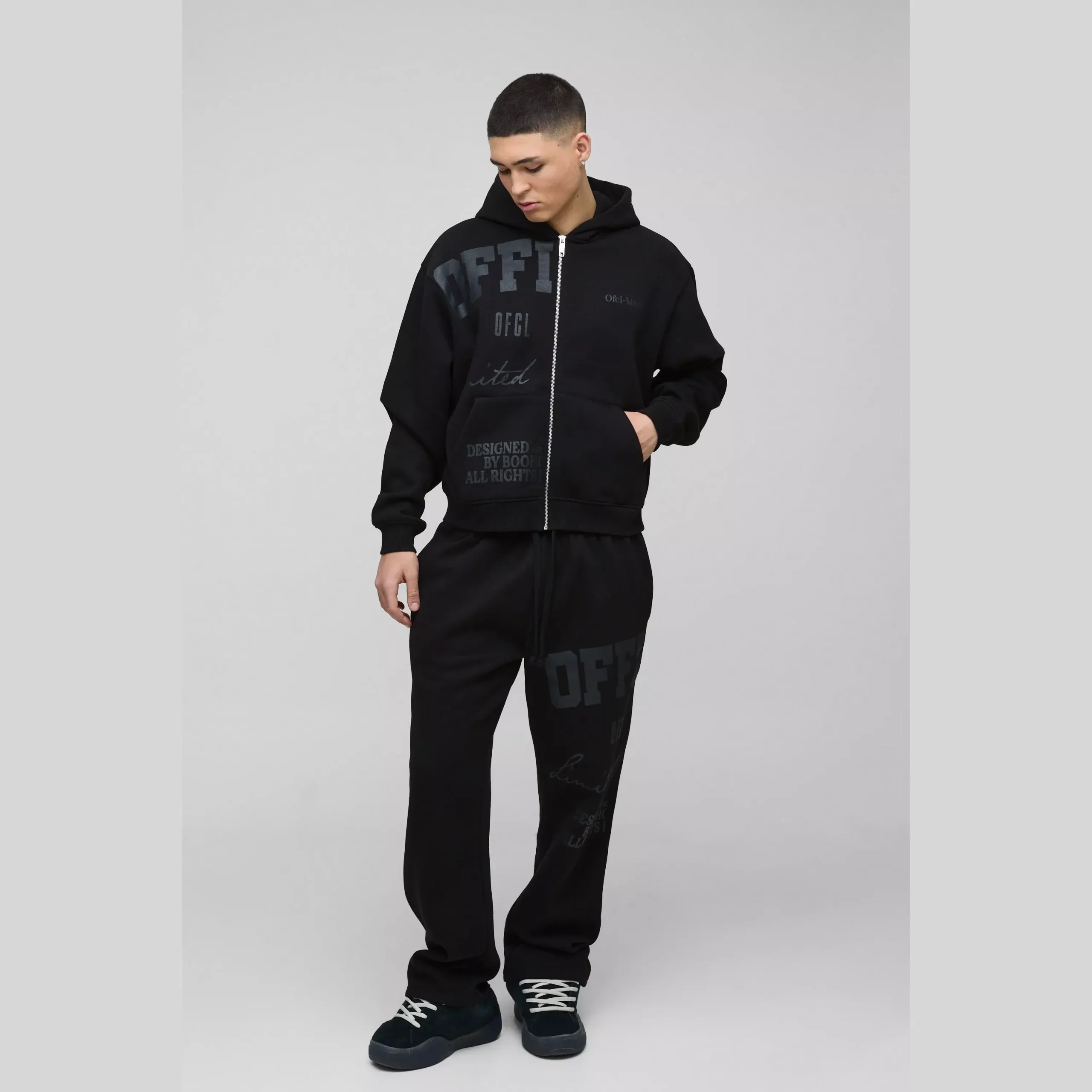 Oversized Boxy Official Tonal Print Zip Hooded Tracksuit