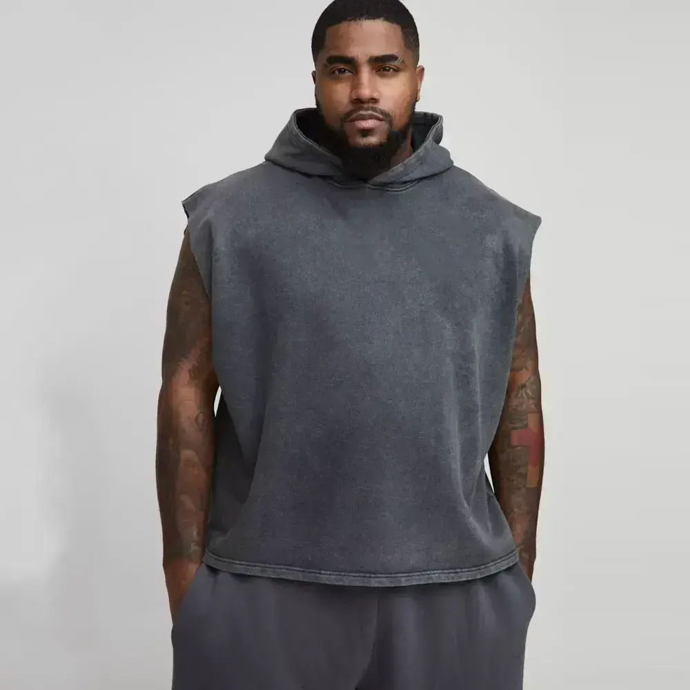 Plus Oversized Boxy Sleeveless Acid Wash Hoodie